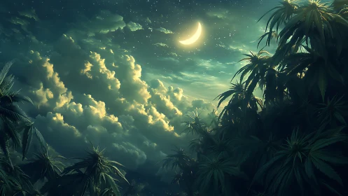 Luminous crescent moon above dense tropical canopy at night