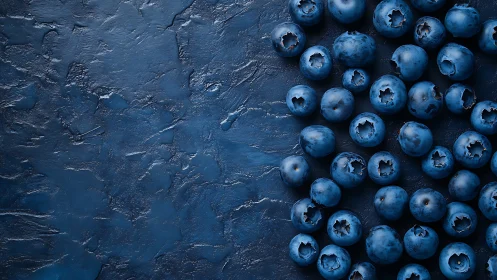 Blueberries aligned on dark textured surface background.