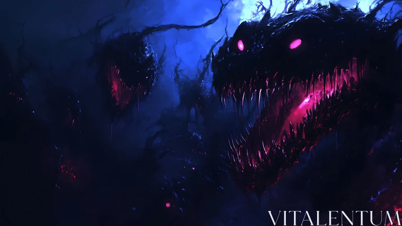Digital painting of neon void beasts with serrated maws.