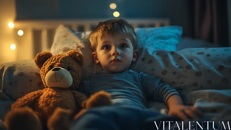Toddler in crib with teddy bear under warm ambient lighting.