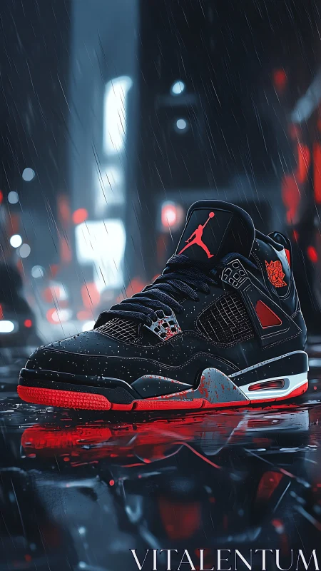 Black and red basketball sneaker on wet city street at night.