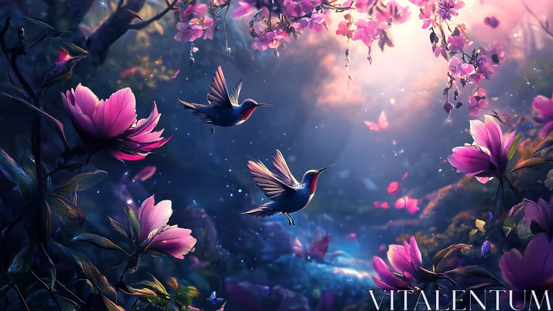 Hummingbirds dance gently through glowing pink blossoms at dusk