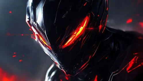 Dark armored cyborg portrait with intense red lights.