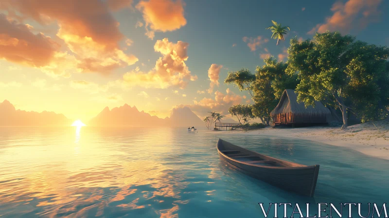 Tropical Island Sunset with Anchored Boat and Temple.
