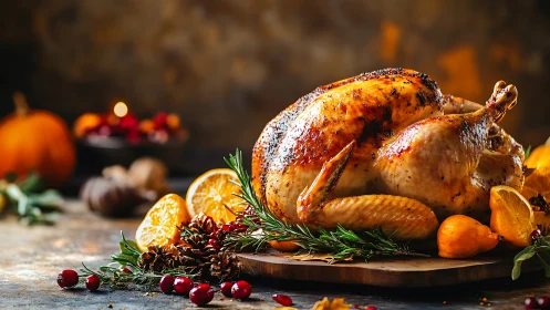 Golden holiday roast turkey amid rustic autumn flavors.