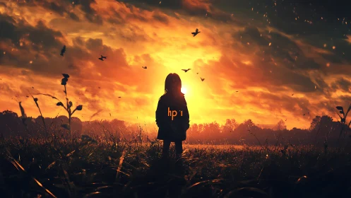 Silhouetted child stands in field facing intense orange sunset.