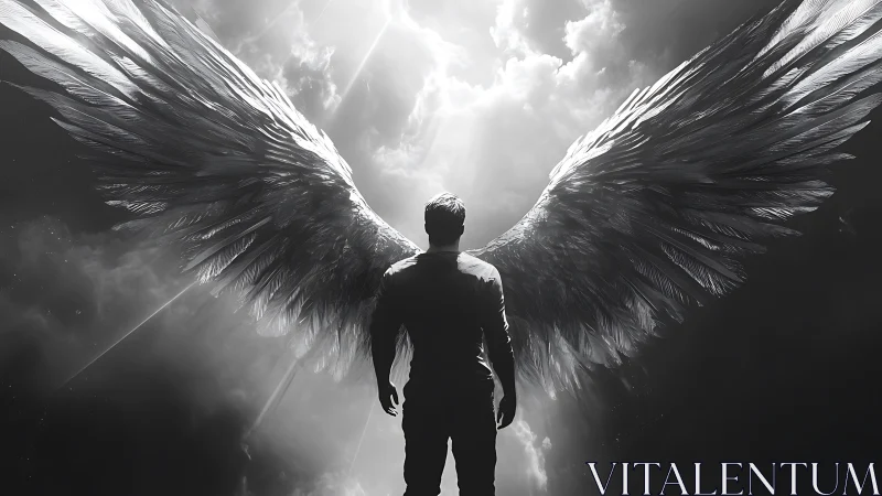 Backlit winged figure under storm clouds in monochrome light.