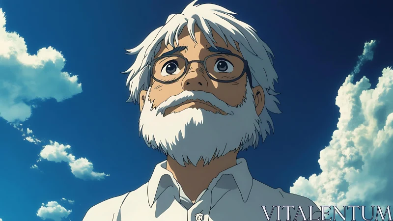 Elderly bearded man in glasses under deep blue sky.