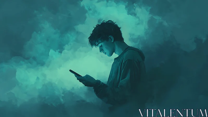 Silhouette of young man reading smartphone amid teal haze