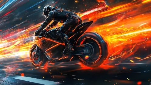 Motorcyclist on neon sportbike cutting through fiery streaks.
