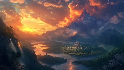 Luminescent fantasy citadel beneath volcanic spire at dusk