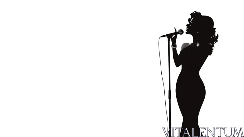 Silhouette of elegant female singer at microphone stand.