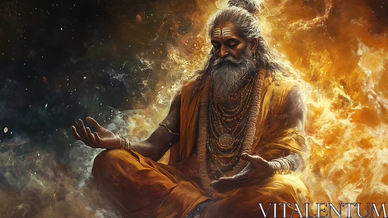 Elderly robed ascetic in seated meditation amid fiery cloud.