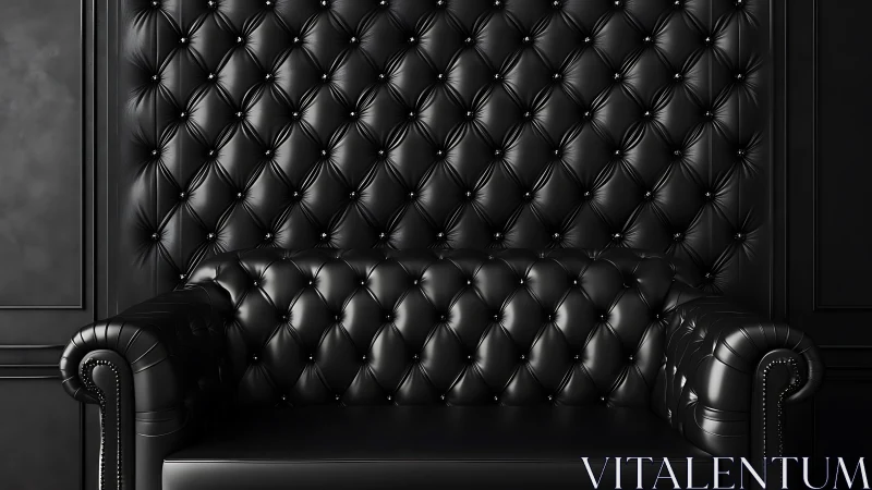 Black tufted leather sofa against padded wall backdrop.