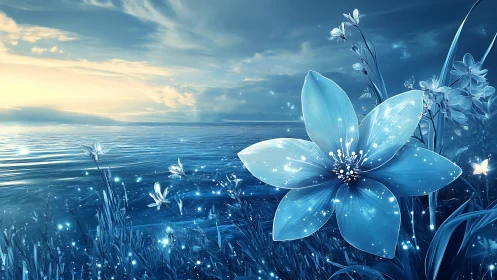 Glowing blue wildflower beside a tranquil twilight lake.