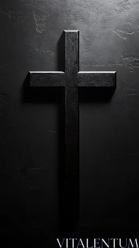 Textured black wooden cross on matte dark concrete wall.