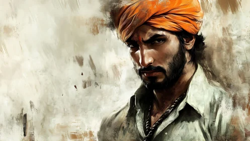 Intense portrait captures a man in a vivid orange turban