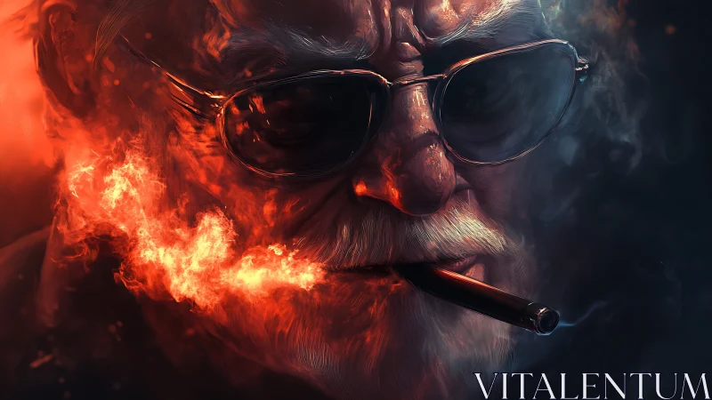 Elderly man with flaming cigar exhales surreal firestorm.