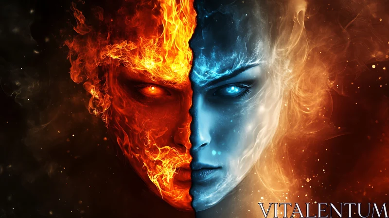 Elemental split face with fire and ice opposing sides.