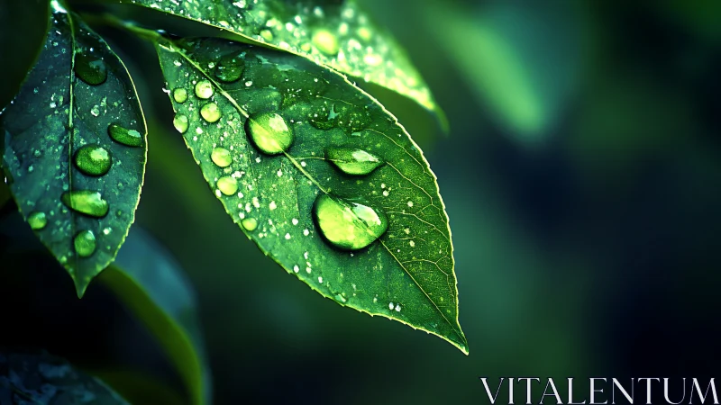 Rain-kissed emerald leaves glowing in deep forest hush.