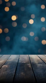 Midnight wooden stage under dreamy golden bokeh lights.