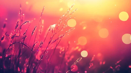 Sunlit meadow sparks glowing bokeh in rose-gold haze.