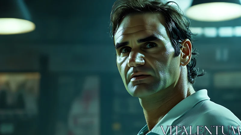 Intense tennis player portrait under cinematic arena glow.