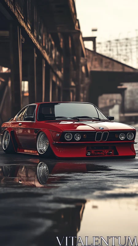 Low-slung red classic BMW coupe rendered in cinematic photorealism