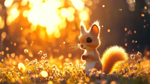 Cute fantasy squirrel in glowing sunset wildflower field.