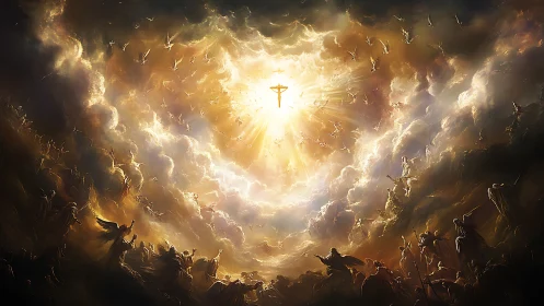 Radiant heavenly sky swirling with angels and rising light.