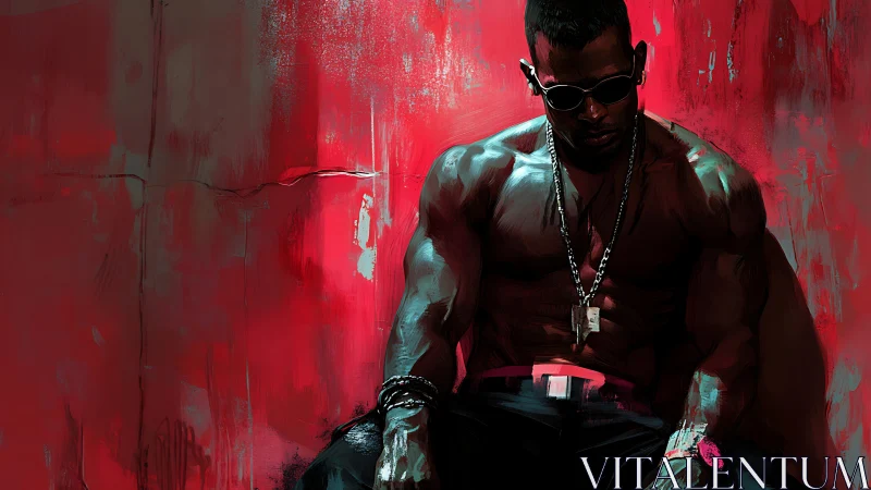 Brooding muscular man sits against raw crimson backdrop