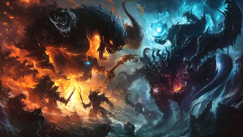 Elemental leviathans wage symmetrical fire and ice battlefield clash