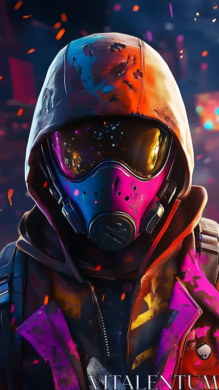 Neon-clad masked operative in high-saturation cyber-urban blaze.