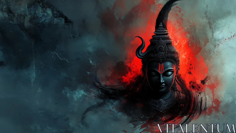 Dark deity bust with red aura in abstract digital space.