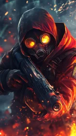 Masked firelit warrior advances through blazing chaos