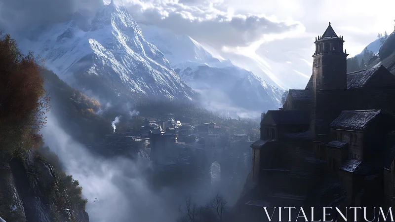 Medieval stone town sits in misty snowy mountain valley