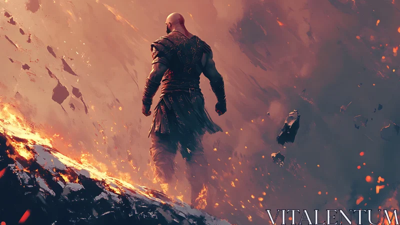 Warrior strides through molten battlefield inferno.