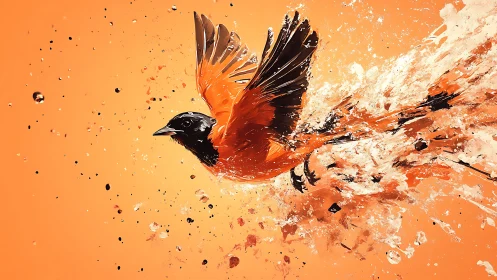 Paint-splashed songbird explodes into radiant orange flight