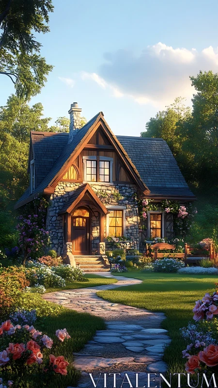 Sunlit stone cottage with floral landscaping and curved path.