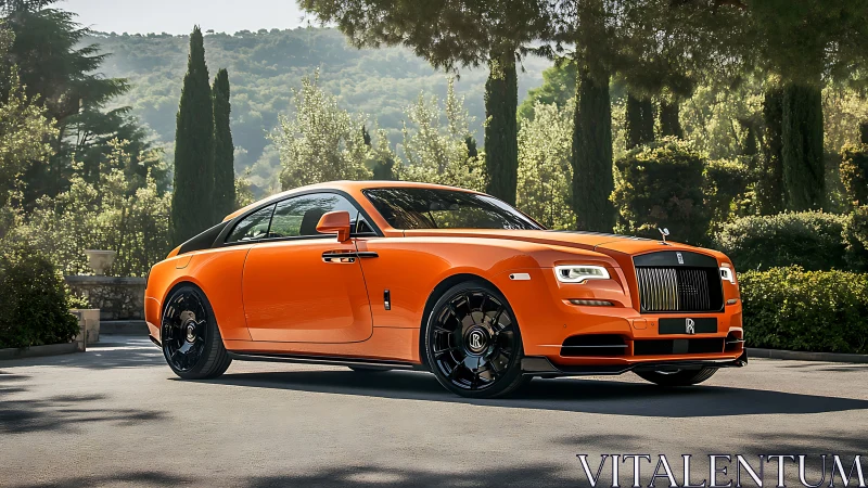 Sunlit tangerine luxury coupe glides through tranquil gardens.