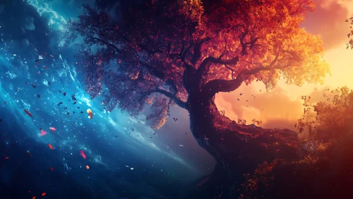 Firecrest tree bridging stormlit dusk and cosmic dawn.