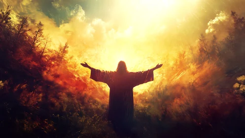 Silhouetted robed figure beneath intense radiant sky.