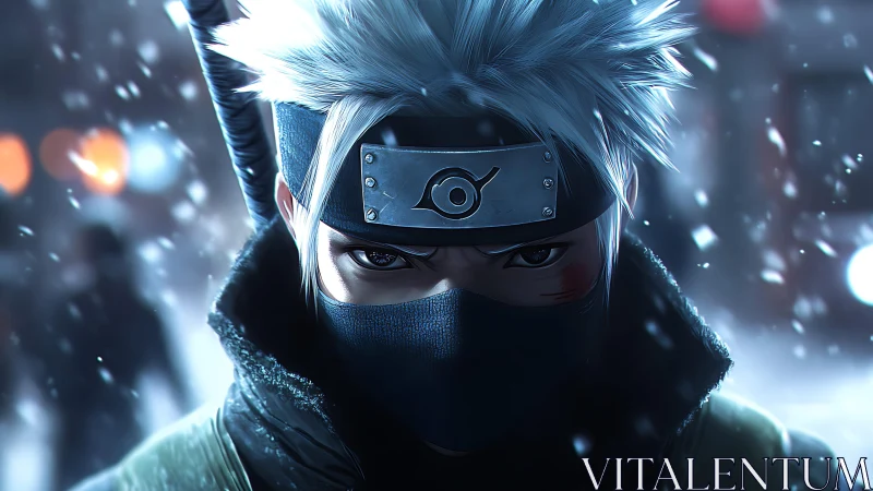 Masked anime warrior with white hair stares forward in snow