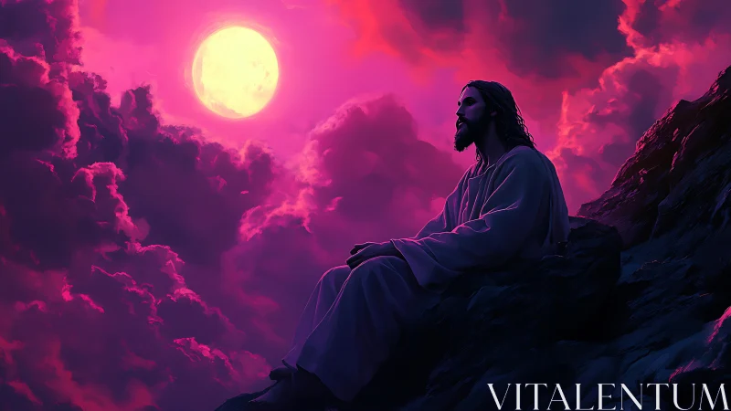 Contemplative robed figure under magenta moonlit cumulonimbus sky