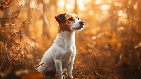 Jack Russell terrier watches autumn forest light glow.