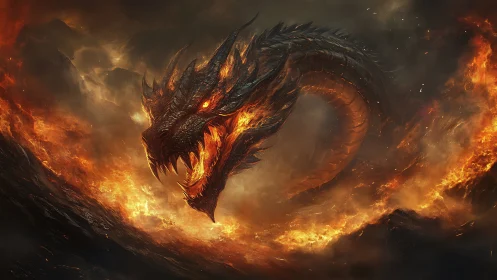 Fire-breathing dragon emerging from burning lava storm.