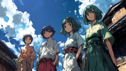 Youthful villagers under dramatic summer sky in anime style.