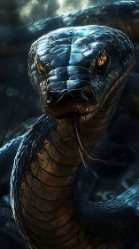 Gleaming serpent gazes forward with calm, mysterious charm.