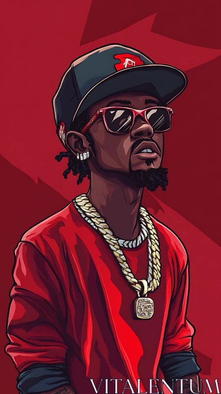 Stylized illustration of man in red outfit with gold chain.