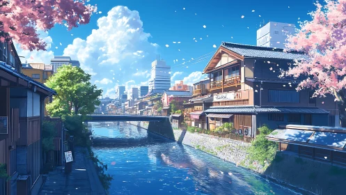 Cherry blossoms drift lazily above a sunlit riverside town